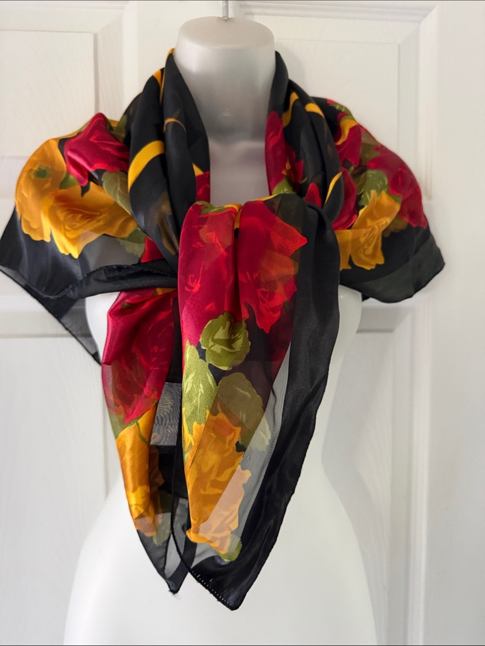 Vintage Floral Square Scarf Black Red Yellow Rose Print Sheer Stripe